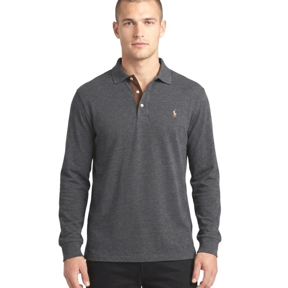 Polo Ralph Lauren Polo Shirt Mens 2XB Charcoal Grey Long Sleeve Heathered Cotton